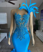 One-Shoulder Sky Blue Feathered Mermaid Prom Dress