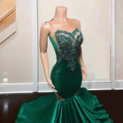 Elegant Green Sheer Neck Rhinestone Mermaid Prom Dress