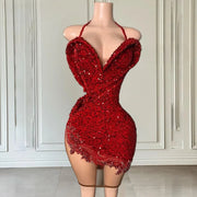 Glitter Red Halter Mini Party Dress