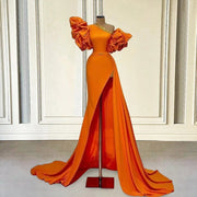 Long Orange Evening Dresses 2022 Short Sleeve One Shoulder Crystals High Slit Formal Evening Party Gowns