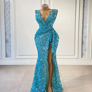 Stunning Sexy High Slit V-neck Sleeveless Sequined Long Evening Dresses For Party