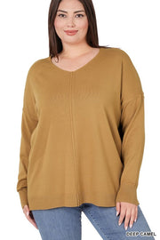 PLUS HI LOW GARMENT DYED FRONT SEAM SWEATER