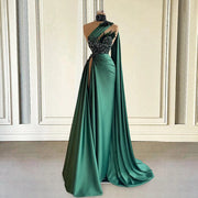 Emerald Green Long Evening Dress 2022 High Slit Luxury Beaded Satin Formal Evening Gowns With Slit