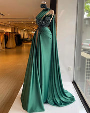 Emerald Green Long Evening Dress High Slit Luxury Beaded Satin Formal Evening Gowns With Slit