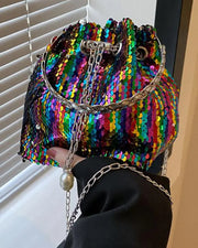 Colorblock Sequin Drawstring Bucket Bag