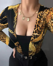 Leopard Chain Print Colorblock Long Sleeve Bodysuit
