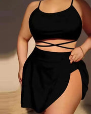 Plus Size 3PCS Tied Detail Bikini Set With Swim Skirt
