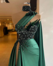 Emerald Green Long Evening Dress High Slit Luxury Beaded Satin Formal Evening Gowns With Slit