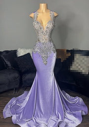 Purple Rhinestone Mermaid Prom Dress