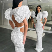 New Designer Silver Evening Dresses Prom Puff Short Sleeves Sexy Side Cut Velour Women Formal Prom Gowns Vestido De Noche