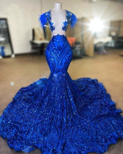 2023 Sparkly Royal Blue Prom Dress For Women Glam Sequin  Long Evening Gowns Birthday Party Dresses Robes