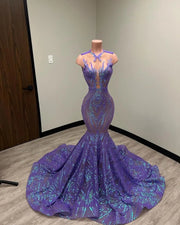 Real Sample Long Prom Dresses 2023 Fitted Mermaid Style Sheer Mesh Royal Blue Sparkly Sequined Women Prom Gala Gowns