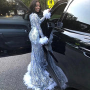 Long Sparkly Prom Dresses 2022 V-neck Long Sleeve Silver Sequin White Feather Gala Mermaid Prom Dress