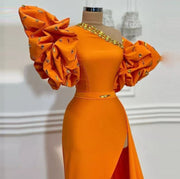 Long Orange Evening Dresses 2022 Short Sleeve One Shoulder Crystals High Slit Formal Evening Party Gowns