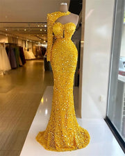 Gorgeous Long Gold Evening Dresses 2022 O-neck Single Long Sleeve Luxury Beaded Formal Party Gowns