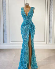 Stunning Sexy High Slit V-neck Sleeveless Sequined Long Evening Dresses 2022 For Party