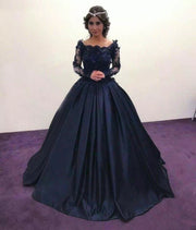 Black And Navy Blue Quinceanera Dress O-Neck Long Sleeve Lace Appliques Party Princess Sweet 16 Ball Gown Vestidos De 15 Años