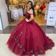 Burgundy Quinceanera Dresses 2021 Sweetheart Off The Shoulder Appliques Sequins Party Princess Pageant Sweet 15 Ball Gown