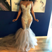 Chic Beading Mermaid Prom Dresses 2023 Illusion Formal Evening Dress Long Train See Through Party Gowns