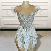 Custom Made Beaded Crystals Short Prom Dresses 2023 for Birthday Party Sexy Sheer Mesh Feathers Mini Cocktail Gowns