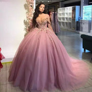 Dusty Pink Princess Ball Gown Quinceanera Dresses 2021 Sweetheart Off The Shoulder Appliques Beads Party Pageant Sweet 16 Dress