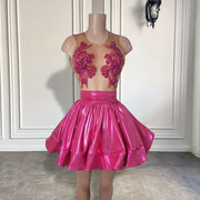 Elegant Sheer O-neck Beaded Crystals Women Cocktail Gowns A-line Hot Pink Short Prom Dresses 2023 For Birthday Party