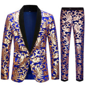  Men's Suit Fashion Excellent Blue Velvet Gold Sequin Suit Wedding Groom Dress 2 Piece Set