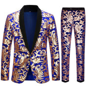  Men's Suit Fashion Excellent Blue Velvet Gold Sequin Suit Wedding Groom Dress 2 Piece Set