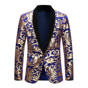  Men's Suit Fashion Excellent Blue Velvet Gold Sequin Suit Wedding Groom Dress