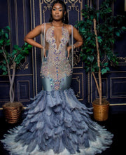 Evening  Prom Dress Full Bodice Rhinestone V-Cut Neckline Open Back Lower Zipper Closure Feather Train Mermaid Gown