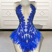 Glitter Beaded Feather Blue Short Prom Dresses 2023 Sexy Women Mini Cocktail Gowns for Birthday Party Custom Made