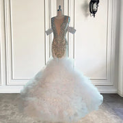 Gorgeous Off The Shoulder Sparkly Handmade Crystals Mermaid Bridal Wedding Gowns White Tulle Ruffles Women Wedding Dresses 2023