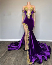 Grape Purple Velvet Mermaid Evening Birthday Dresses Gold Applique Tassel Sheer Mesh High Slit Prom Occasion Gown