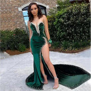 Green Velvet Prom Dresses Long Mermaid Beads Strapless Sexy High Split Formal Party Gowns Custom Made