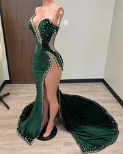 Green Velvet Prom Dresses Long Mermaid Beads Strapless Sexy High Split Formal Party Gowns Custom Made