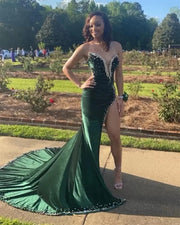 Green Velvet Prom Dresses Long 2023 Mermaid Beads Strapless Sexy High Split Formal Party Gowns Custom Made