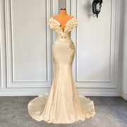 Gorgeous Long Evening Dresses Mermaid V-neck Beaded White Satin African Women Formal Evening Gowns For Party