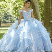 Light Blue Sweet 16 Quinceanera Dress 2022 Off Shoulder Appliques Sequins Flowers Princess Party Gown Vestidos De 15 Años