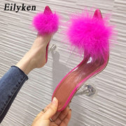Eilyken 2022 New PVC shoes Woman Feather Transparent High heels Fur Pumps Slippers Women Peep toe Mules Lady Pumps Slides White