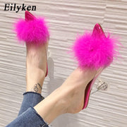 Eilyken 2022 New PVC shoes Woman Feather Transparent High heels Fur Pumps Slippers Women Peep toe Mules Lady Pumps Slides White