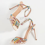 Fashion Colorful Crystal Woman Sandals Shoes New Stiletto Heel Lady Summer High Heels Sexy Female Rhinestone Wedding Shoes