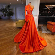Thinyfull Formal Orange Evening Dresses Sexy One Shoulder Soft Satin High Split Prom Dress Long Backless Party Gowns Plus Size