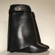Genuine Leather Shark Lock Boots Metal Decor Belt Knee High Botas Mujer Wedges Women's Shoes Ladies High Heel Knee Boots Female