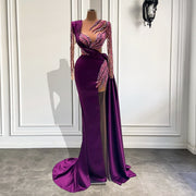 Long Sleeve Evening Dresses 2023 Luxury Real Sample Pearls Purple Satin Sheer Formal Evening Gowns