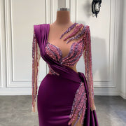 Long Sleeve Evening Dresses 2023 Luxury Real Sample Pearls Purple Satin Sheer Formal Evening Gowns