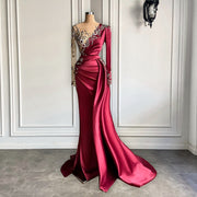 Luxury Long Sleeve Sheer O-neck Beaded Crystals Mermaid Style Burgundy Formal Long Evening Dress 2022