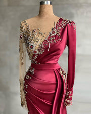 Luxury Long Sleeve Sheer O-neck Beaded Crystals Mermaid Style Burgundy Formal Long Evening Dress 2022