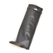 Genuine Leather Shark Lock Boots Metal Decor Belt Knee High Botas Mujer Wedges Women's Shoes Ladies High Heel Knee Boots Female