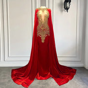 Long Elegant Prom Dresses 2023 Mermaid Style Luxury Gold Diamond Red Velvet Prom Gala Gowns With Shawl
