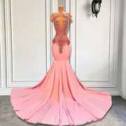 Long Elegant Prom Dresses 2023 Sheer O-neck Sparkly Diamond Spandex Pink Mermaid Prom Gala Gowns